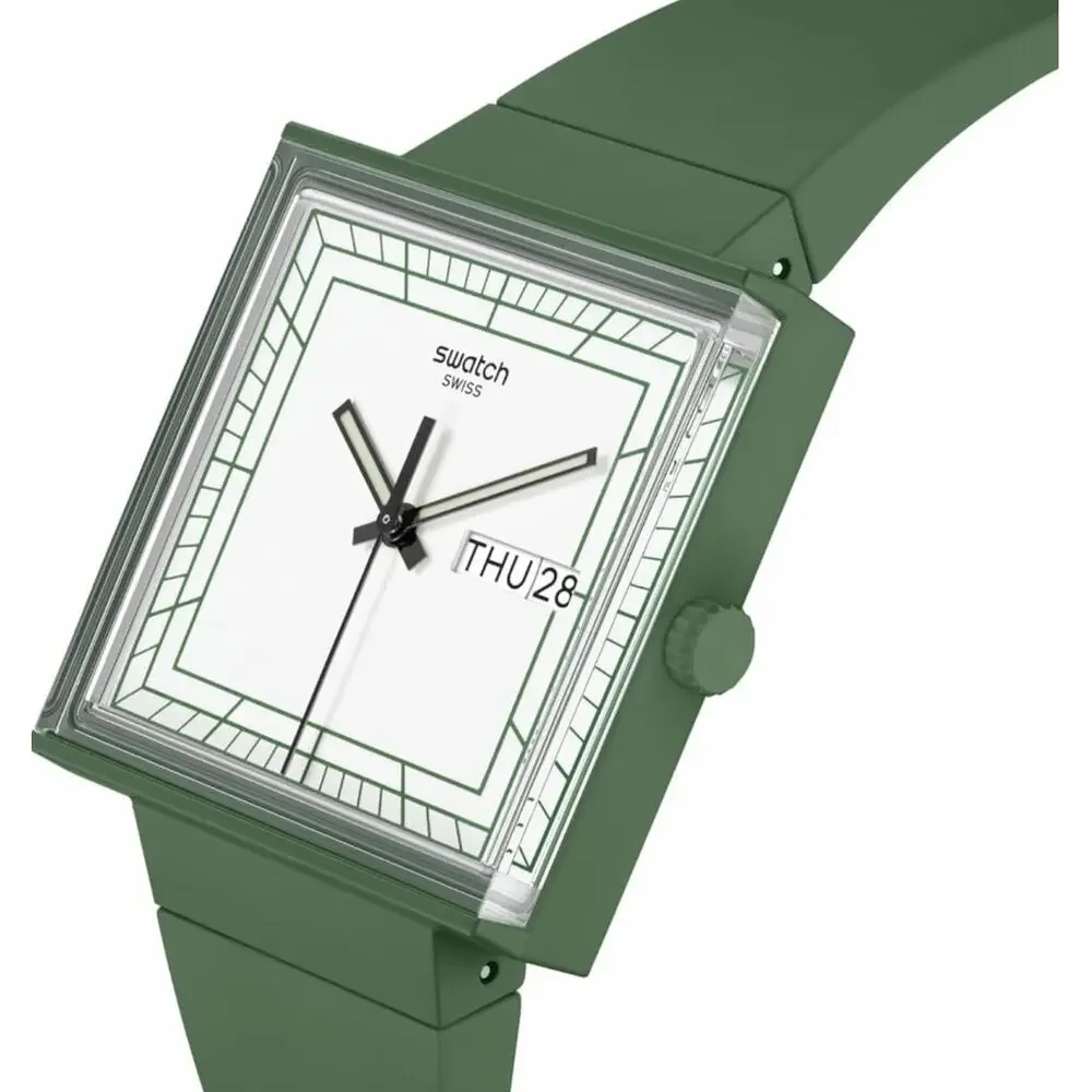SWATCH Watch WHAT IF? Green Bioceramic Square Swiss Day Date Working w/ Box